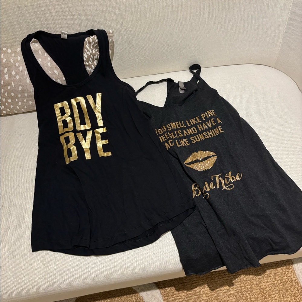 Trendy Black Tank Tops with Gold Accents